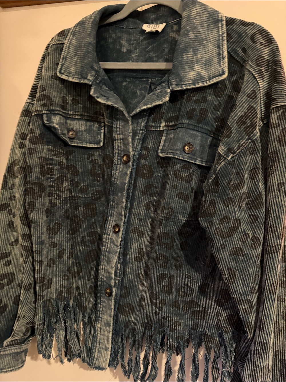 BiBi Blue Corduroy Leopard-Print Fringe Jacket - Picture 2 of 11